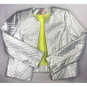Isaac Mizrahi quilted‎ metallic silver statement piece short jacket size 10